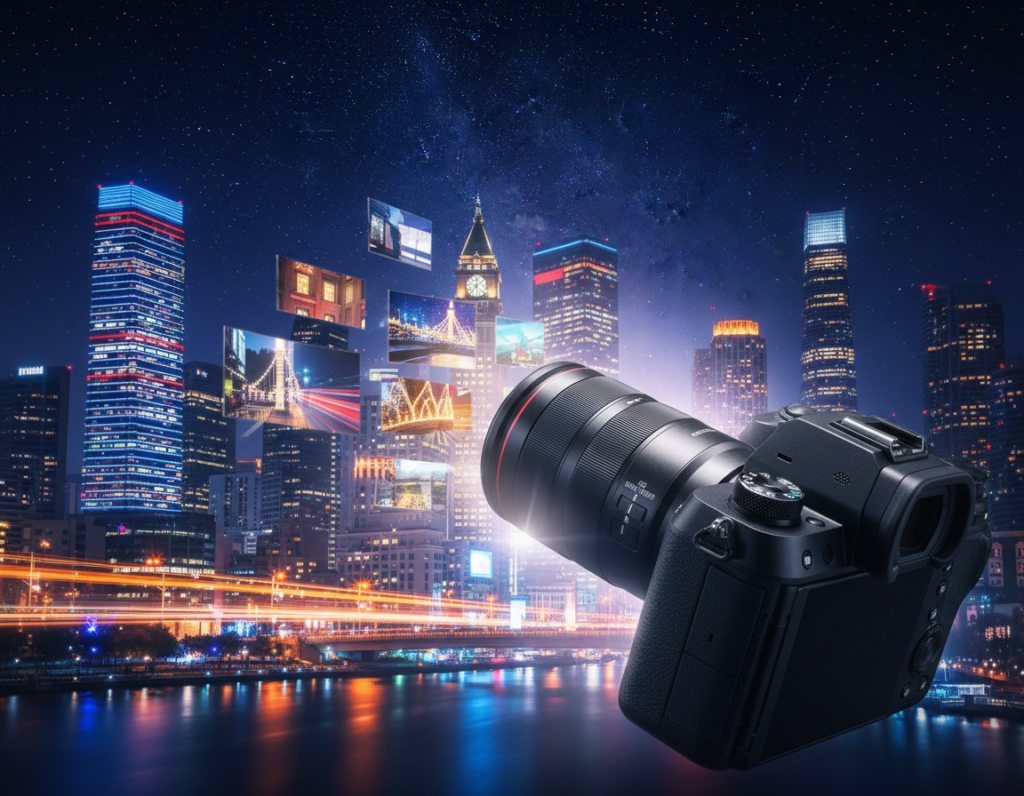 A dynamic night scene capturing the essence of "burst mode" photography. In the foreground, showcase a digital camera with its shutter clicking, illuminating a series of sharp, fragmented images of a vibrant cityscape. In the middle ground, depict a blurred but colorful urban skyline, with bright neon lights reflecting off the buildings, emphasizing motion. The background should be a deep indigo night sky filled with twinkling stars, suggesting a serene atmosphere. Utilize soft diffused lighting to create a contrast between the illuminated scene and the dark sky, enhancing the clarity of details. The lens angle should be slightly tilted upwards to convey a sense of motion and creativity in capturing the moment. The overall mood is energetic yet focused, inspiring the viewer to explore night photography techniques.