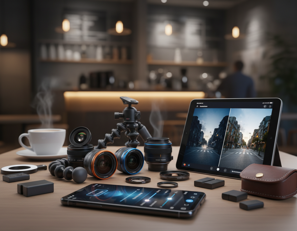 A modern, stylish workspace featuring a collection of the best smartphone apps and tools for low-light photography. In the foreground, display a sleek smartphone with an open app interface showcasing low-light photo editing features. Include a small tablet next to it displaying before-and-after images of low-light photography. In the middle ground, position a vibrant assortment of well-designed camera lenses and accessories, like a compact tripod and a clip-on lens for smartphones, arranged artistically. The background should feature a softly lit environment, hinting at a cozy and inviting atmosphere, perhaps with a blurred coffee shop scene. The overall mood should convey innovation and creativity, with warm, natural lighting enhancing the vibe of the space. The lens effect should appear sharp and focused on the foreground items, narrating a story of modern technology and artistry. A modern, stylish workspace featuring a collection of the best smartphone apps and tools for low-light photography. In the foreground, display a sleek smartphone with an open app interface showcasing low-light photo editing features. Include a small tablet next to it displaying before-and-after images of low-light photography. In the middle ground, position a vibrant assortment of well-designed camera lenses and accessories, like a compact tripod and a clip-on lens for smartphones, arranged artistically. The background should feature a softly lit environment, hinting at a cozy and inviting atmosphere, perhaps with a blurred coffee shop scene. The overall mood should convey innovation and creativity, with warm, natural lighting enhancing the vibe of the space. The lens effect should appear sharp and focused on the foreground items, narrating a story of modern technology and artistry.