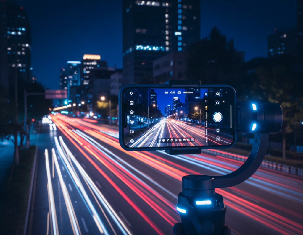 A close-up of a smartphone mounted on a handheld stabilizer, capturing vibrant trails of light from moving vehicles in a lively city street at night. The foreground showcases the sleek smartphone displaying a night photography interface, surrounded by soft LED lights reflecting off the stabilizer. In the middle ground, blurred car lights streak elegantly, with colors ranging from bright yellows to deep reds. The background features a softly illuminated urban skyline silhouetted against a darkening sky, creating a dynamic contrast. The scene is illuminated with cool tones of ambient streetlights, enhancing the moody atmosphere of a bustling night scene. Capture this moment from a slightly elevated angle, emphasizing the smartphone's role in achieving sharp images despite movement.