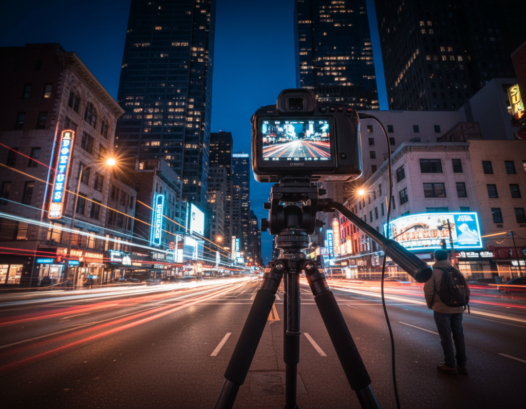 A dynamic night scene showcasing a camera on a sturdy tripod, capturing a bustling cityscape illuminated by vibrant streetlights and neon signs. In the foreground, the camera's lens is prominently displayed, with settings dialed to emphasize lower shutter speed. The middle ground features blurred light trails from moving cars, illustrating motion and exposure effects, while sharp details of architectural features contrast in the background. The atmosphere conveys a sense of adventure and creativity, highlighting the interplay between noise and detail in low-light photography. The lighting is a mix of ambient warm tones and cooler shadows, creating a striking visual balance. The angle captures the camera's perspective, inviting the viewer into the experience of night photography.