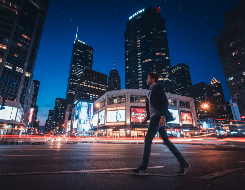 A dynamic urban night scene showcasing the zoom burst technique. In the foreground, a city street bustling with movement, featuring streaks of light from passing cars and a silhouette of a pedestrian in smart casual attire, intentionally blurred to enhance motion. The middle ground presents vibrant storefronts and illuminated billboards, their lights creating a radiant glow. In the background, a skyline of modern skyscrapers under a starry sky, with a slight bokeh effect to emphasize the depth. The lighting is dramatic, with high contrast between the bright urban lights and the darkened street. Capture the mood of excitement and energy in the city, using a wide-angle perspective to emphasize the motion and depth of field. A dynamic urban night scene showcasing the zoom burst technique. In the foreground, a city street bustling with movement, featuring streaks of light from passing cars and a silhouette of a pedestrian in smart casual attire, intentionally blurred to enhance motion. The middle ground presents vibrant storefronts and illuminated billboards, their lights creating a radiant glow. In the background, a skyline of modern skyscrapers under a starry sky, with a slight bokeh effect to emphasize the depth. The lighting is dramatic, with high contrast between the bright urban lights and the darkened street. Capture the mood of excitement and energy in the city, using a wide-angle perspective to emphasize the motion and depth of field.