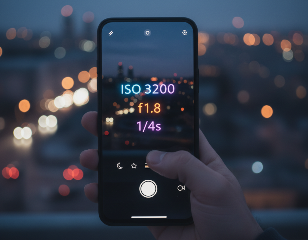 A close-up view of a smartphone's camera interface displaying optimal nighttime photography settings. In the foreground, focus on the screen highlighting settings such as ISO, aperture, and shutter speed, using vibrant colors to emphasize the numbers. The middle area includes a hand holding the phone, adjusting the settings in a dimly lit environment, conveying a sense of careful preparation. In the background, a blurred cityscape at night with twinkling lights sets the mood, hinting at potential photo subjects. The atmosphere reflects a cool, calm night, ideal for photography, with soft shadows and subtle highlights adding depth to the composition. Maintain a clean, professional appearance with no text, ensuring the image focuses solely on the camera settings and ambiance.