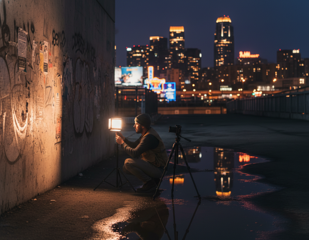 A dimly lit urban setting showcasing creative lighting techniques to enhance clarity in low-light situations. In the foreground, a photographer adjusts a dim, portable LED light source aimed at a textured wall, creating soft shadows and highlights. The middle ground features a reflective surface that captures the light’s interplay, with an array of colors glowing softly. In the background, a blurred cityscape with softly illuminated buildings contrasts against the dark sky, creating a serene yet dynamic atmosphere. The scene emphasizes a warm color palette, conveying an inviting and professional mood, perfect for showcasing effective low-light photography techniques. The angle should be slightly elevated, capturing both the subject and the urban context effectively.