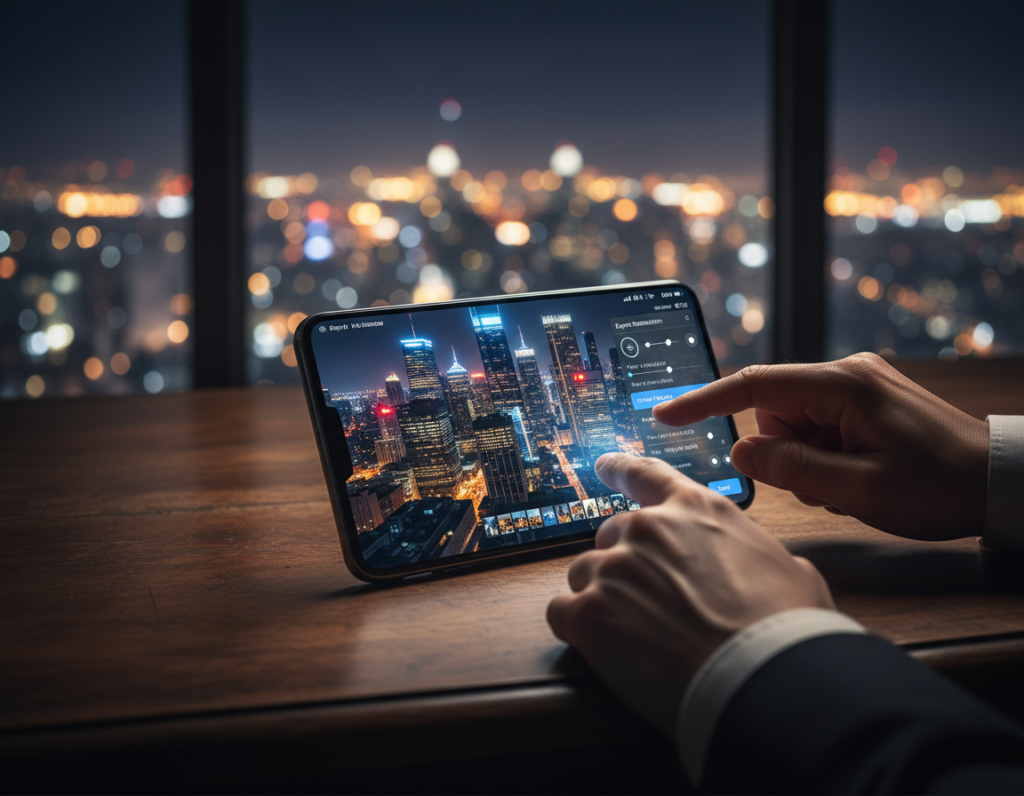 A high-quality smartphone on a wooden table, showcasing a stunning nighttime cityscape captured in its camera, with vibrant lights reflecting off glass and metal. In the foreground, the smartphone displays an intricate editing interface, subtly lit by the screen’s glow. The middle ground features the blurred silhouette of a person in professional attire, focused on adjusting the export settings on the phone, with their hands positioned in a way that suggests precision and care. The background shows a beautifully illuminated skyline under a starry night, highlighted by warm urban lights. The mood is artistic and contemplative, evoking the importance of selecting the right export resolution for sharing exquisite night photos without losing detail. Soft, ambient lighting enhances the overall quality of the scene.