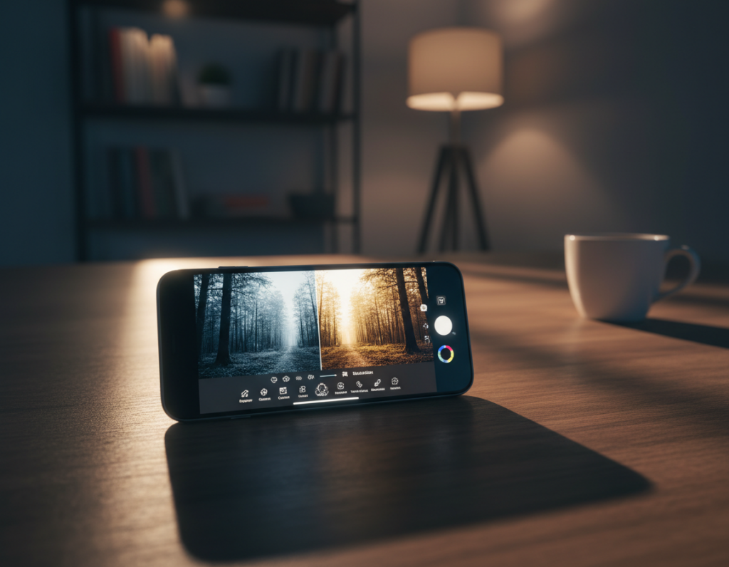 A smartphone placed on a wooden table, displaying a bright tablet screen with global editing tools open. The foreground features a detailed smartphone with a sleek design, showing before-and-after images of a dark environment photography, showcasing a remarkable white balance correction. In the middle, warm ambient lighting enhances the scene, creating a cozy atmosphere. The background consists of blurred dark room elements—a bookshelf and a lamp—highlighting the focus on the editing process. Soft shadows emphasize the depth of the image, while a subtle glow from the smartphone screen casts gentle light onto the tabletop. The overall mood is one of creativity and innovation, illustrating how effective global edits can transform smartphone photography.