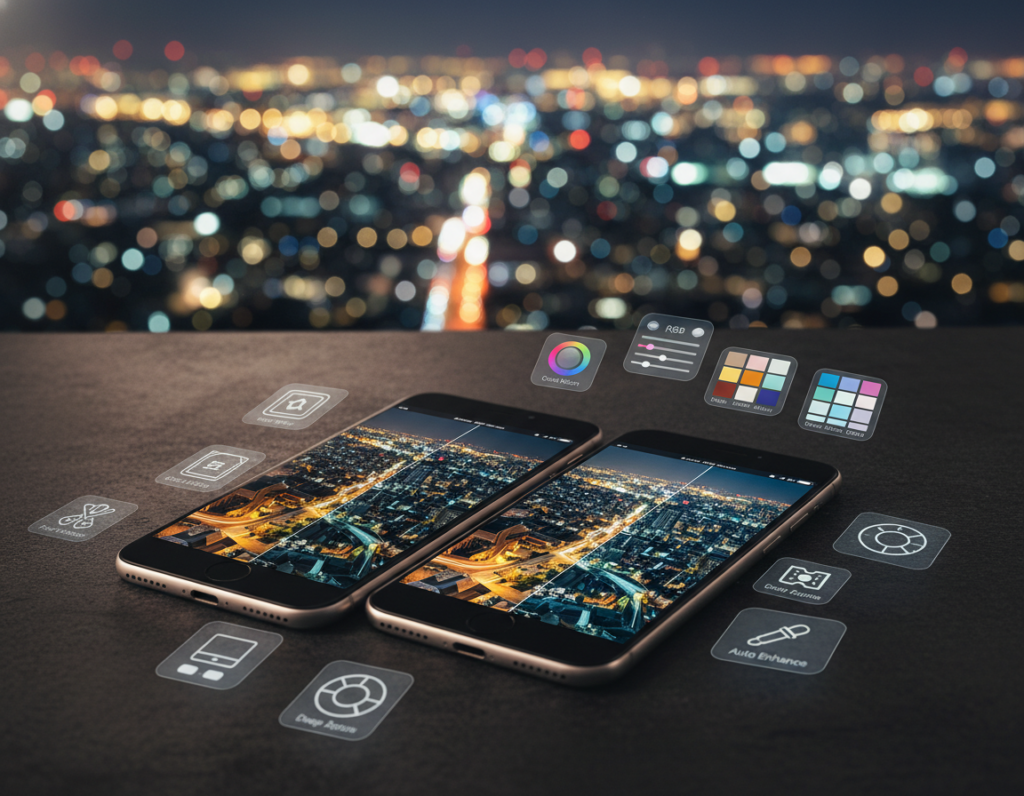 A visually stunning composition showcasing the best smartphone apps for color correction in night photography. In the foreground, a sleek iPhone and Android device lie next to a vibrant array of app icons representing popular editing tools, like color sliders and filters. The middle ground features a blurred background of a night cityscape illuminated with twinkling lights, creating an atmospheric contrast. High-quality lighting emphasizes the devices and apps, casting soft shadows and highlighting their modern designs. The image angle is slightly elevated, providing a comprehensive view that draws the eye to the devices' screens. The mood is creative and inspiring, inviting viewers to explore quick fixes in their smartphone photography.
