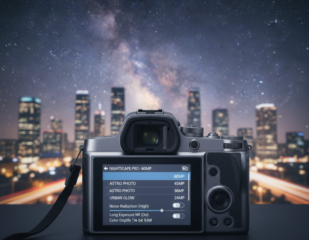 A high-end digital camera with a focus on the resolution settings interface, prominently displayed in the foreground. The screen is illuminated, showcasing detailed options that represent various resolution settings for night photography. In the middle ground, blurred images of stunning night cityscapes capture the essence of clarity and detail, hinting at the importance of proper settings. In the background, a softly glowing night sky filled with stars creates a relaxing atmosphere, emphasizing the need for capturing vibrant colors and intricate details. The scene is illuminated with soft, ambient lighting, highlighting the camera's sleek design and high-definition screen. This creates a serene, focused mood, evoking a sense of professionalism and dedication to perfecting night photography.