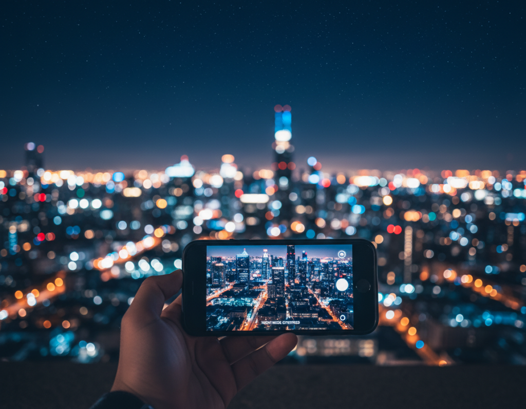 A serene night scene showcasing a smartphone held in a person's hand, positioned in the foreground, capturing a vibrant city skyline illuminated by colorful lights. The smartphone screen displays an optimized image preview of night photography, emphasizing clarity and detail. In the middle ground, the city’s buildings glisten under the moonlight, with a subtle bokeh effect enhancing the image’s depth. The background consists of a starlit sky, adding to the atmosphere of tranquility and innovation. Soft, diffused lighting highlights the smartphone's sleek design while the overall mood conveys inspiration and creativity in photography. The whole composition is framed to focus on the interaction between the smartphone user and the stunning night scene.