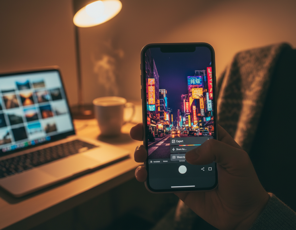 A visually engaging scene showcasing the Lightroom Mobile interface on a smartphone, set against a softly lit working environment. In the foreground, the phone displays a low-light photo being edited, with vibrant colors subtly enhanced. In the middle, a hand gently holds the phone, highlighting the intuitive touch controls for exporting images. The background features a softly illuminated workspace, complete with a laptop and a cozy atmosphere, embodying a creative editing space. The lighting is warm and inviting, suggesting evening hours, emphasizing the mood of relaxation and focus on photo editing. The overall atmosphere is productive yet calm, perfect for capturing the essence of professional low-light photography editing. A visually engaging scene showcasing the Lightroom Mobile interface on a smartphone, set against a softly lit working environment. In the foreground, the phone displays a low-light photo being edited, with vibrant colors subtly enhanced. In the middle, a hand gently holds the phone, highlighting the intuitive touch controls for exporting images. The background features a softly illuminated workspace, complete with a laptop and a cozy atmosphere, embodying a creative editing space. The lighting is warm and inviting, suggesting evening hours, emphasizing the mood of relaxation and focus on photo editing. The overall atmosphere is productive yet calm, perfect for capturing the essence of professional low-light photography editing.