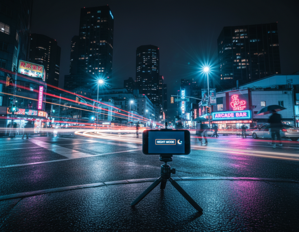 A vibrant city intersection at night, showcasing a dynamic blend of light trails from moving cars and pedestrians. In the foreground, a smartphone rests on a sturdy tripod, capturing the bustling scene, emphasizing the "Night Mode" feature with its screen glowing softly. The middle ground features busy intersections, illuminated by colorful streetlights and neon signs reflecting off wet pavement, adding depth and detail. The background showcases towering buildings, casting shadows against the nighttime sky, where a few stars emerge. The atmosphere is lively yet tranquil, highlighting the beauty of city life after dark. Opt for a sharp angle that emphasizes both the smartphone and the lively urban scene, creating a captivating visual narrative.
