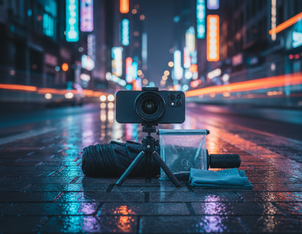 A well-organized flat lay of phone camera gear specifically for capturing rainy night city reflections. In the foreground, showcase a high-quality smartphone with an attachable lens and a sturdy tripod positioned on a wet pavement reflecting colorful city lights. In the middle ground, include items such as a portable umbrella, a waterproof phone case, and a lens cleaning cloth, all glistening with raindrops to emphasize the rainy atmosphere. In the background, softly blurred city buildings illuminated by neon signs create a vibrant yet moody urban setting. The overall lighting is dim yet colorful, evoking a cinematic nighttime feel, perfect for low-light photography.