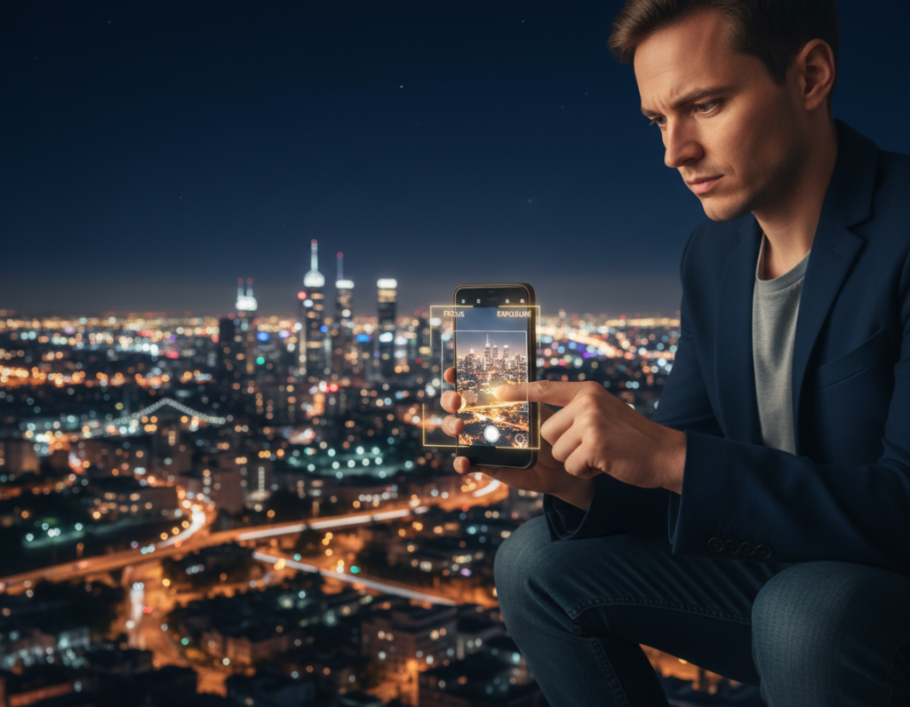 A mobile photographer focused intently on the distant city lights at night, adjusting settings on their device. In the foreground, the device's screen shows a close-up of the camera interface, with options for focus and exposure highlighted. The middle ground features the photographer, dressed in smart casual attire, with a slight frown in concentration as they make adjustments. The background depicts a sprawling urban skyline glittering with illuminated buildings and street lights against a rich, dark blue sky. Soft bokeh effects create a dreamlike quality amidst the vibrant city lights. The atmosphere is one of creativity and technical problem-solving, with a warm glow from the city reflecting on the photographer’s face. The scene captures the essence of troubleshooting to achieve the perfect focus.