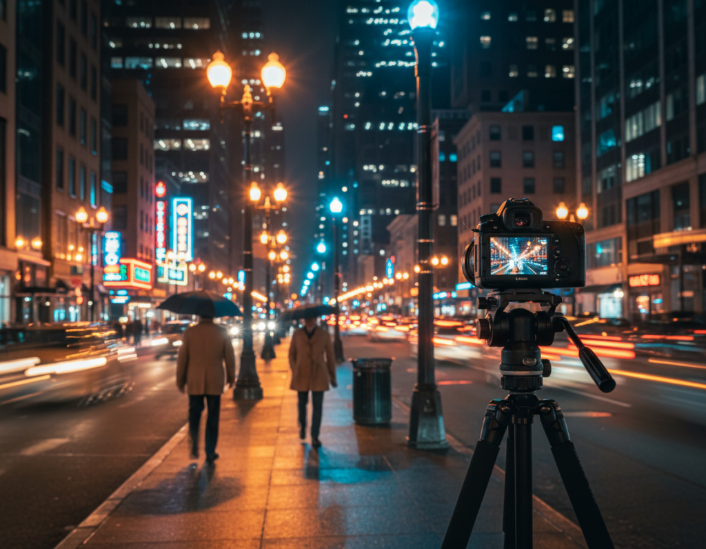A night street scene showcasing the concept of white balance in artificial lighting. In the foreground, there is a camera on a tripod capturing the vibrant hues of mixed street lights: warm golden tones from tungsten bulbs, cool bluish tones from LED lights, and bright neon colors from nearby signs. The middle ground features blurred silhouettes of cars with headlights casting soft, warm glows, and pedestrians dressed in modest, professional attire strolling under the lighting. In the background, a bustling urban street is visible, illuminated by the varied lighting sources, creating a dynamic interplay of colors. The atmosphere feels energetic yet balanced, with a clear focus on the contrast in lighting. Use a wide-angle lens effect to capture the depth of the scene with a thoughtful composition.