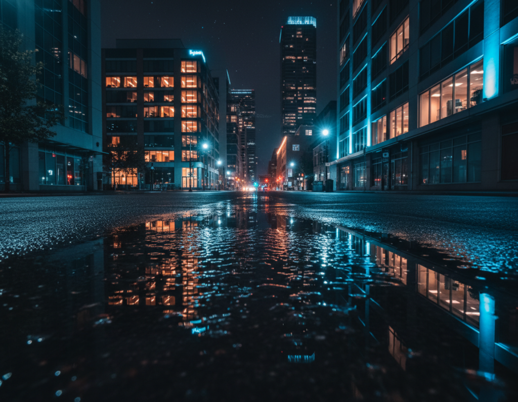 A nighttime urban scene capturing reflections on wet asphalt after a rain shower. In the foreground, a shallow puddle mirrors vibrant neon lights from nearby street lamps and illuminated shop signs, creating a kaleidoscopic effect. The middle ground features modern buildings dressed in warm golden and cool blue hues, showcasing the intentional use of color temperature in capturing nighttime ambiance. The background reveals a blurred silhouette of distant skyscrapers under a starry sky, enhancing the depth of the scene. Utilize a low-angle perspective to accentuate the reflections and dynamic composition. The lighting should be moody, casting soft shadows while highlighting the reflections sharply. Aim for an atmospheric feel that suggests tranquility and intrigue, inviting viewers to explore how color temperature influences nighttime photography.