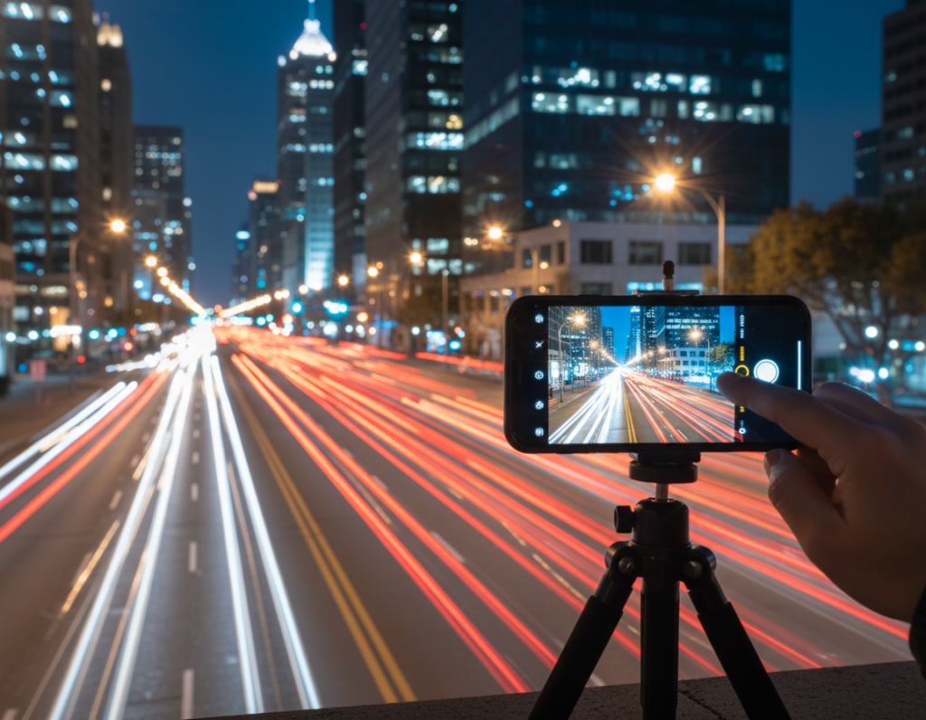 A vibrant city street at night, showcasing smooth traffic light streaks from vehicles in motion. In the foreground, a focused view of a modern smartphone on a tripod, capturing light trails, with a blurred hand adjusting camera settings. The middle ground features a bustling road with red and white light streaks from passing cars, emphasizing motion and speed. The background reveals a skyline of illuminated buildings and streetlights, casting a warm glow. The scene is bathed in soft, ambient light, creating a dynamic atmosphere. The angle is slightly elevated, highlighting the depth of the scene, while the overall color palette blends cool blues with warm urban hues, enhancing the visual appeal of light streaks against the night sky. A vibrant city street at night, showcasing smooth traffic light streaks from vehicles in motion. In the foreground, a focused view of a modern smartphone on a tripod, capturing light trails, with a blurred hand adjusting camera settings. The middle ground features a bustling road with red and white light streaks from passing cars, emphasizing motion and speed. The background reveals a skyline of illuminated buildings and streetlights, casting a warm glow. The scene is bathed in soft, ambient light, creating a dynamic atmosphere. The angle is slightly elevated, highlighting the depth of the scene, while the overall color palette blends cool blues with warm urban hues, enhancing the visual appeal of light streaks against the night sky.
