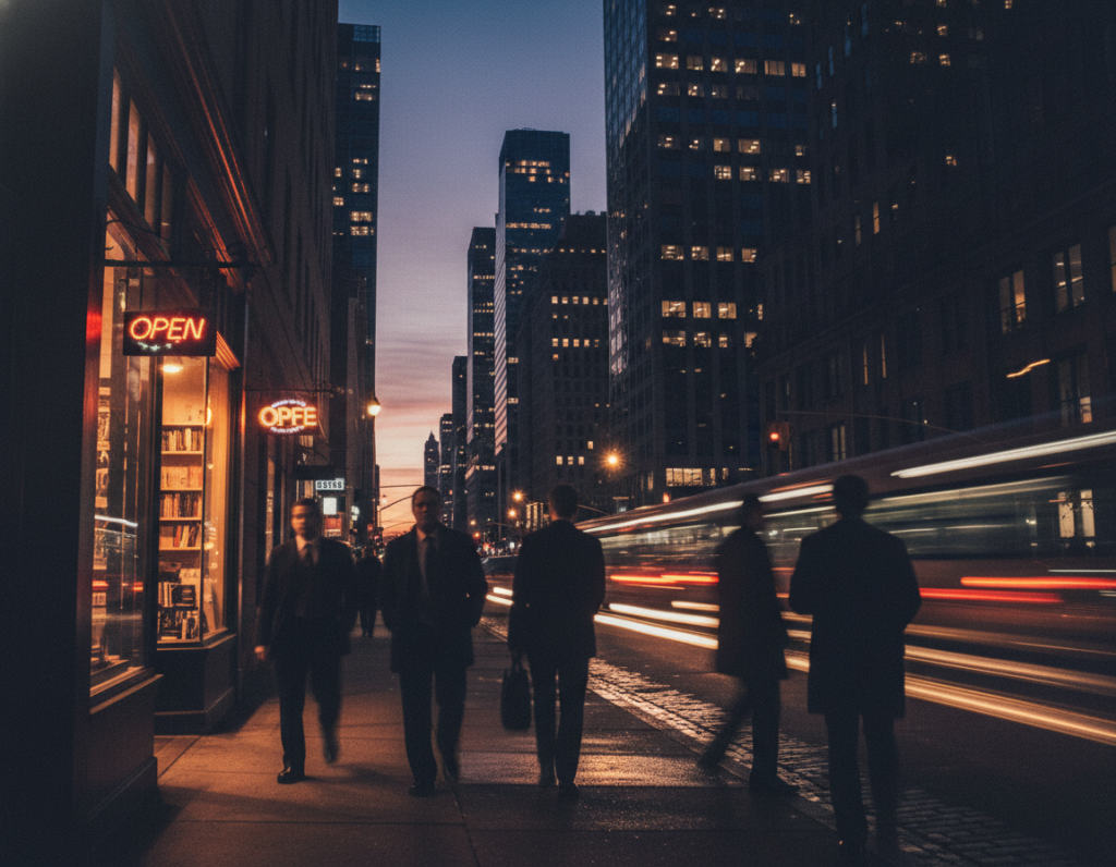A vibrant evening city scene with dramatic low-light conditions, showcasing a bustling street filled with blurred motion patterns of pedestrians and vehicles. In the foreground, softly illuminated storefronts cast warm, inviting glows onto the pavement, while shadowy silhouettes move past, wearing professional business attire. In the middle ground, the faint streaks of light from cars create dynamic lines emphasizing movement, accompanied by the distant hum of the city. The background features tall buildings silhouetted against a darkening sky, their windows flickering with life. Capture the essence of low-light photography, highlighting the challenge of exposure, with a shallow depth of field to enhance the focus on the energetic scene. A cool color palette, enriched with warm light spots, conveys an engaging and atmospheric mood.