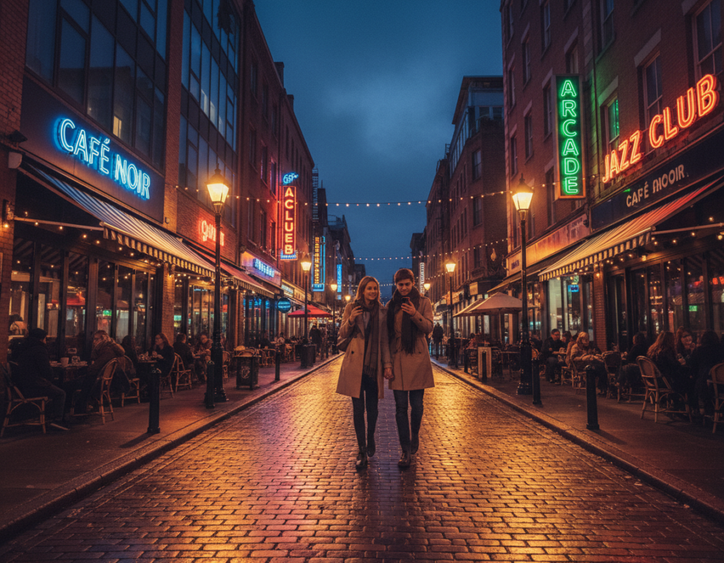 A vibrant nighttime street scene illuminated by a variety of colorful streetlights and glowing shop windows. In the foreground, a well-lit cobblestone street reflects the warm hues of yellow and orange from the streetlights, while a couple of pedestrians in smart casual attire stroll by, capturing the ambiance with their mobile phones. The middle ground features trendy cafes with inviting outdoor seating, their soft lights casting a cozy glow. In the background, tall buildings adorned with bright neon signs rise against a deep blue sky filled with subtle clouds. The atmosphere is lively yet serene, conveying a sense of exploration and wonder. Capture the effect of increased ISO sensitivity by highlighting the balance between vivid colors and gentle shadows, using a slight tilt angle to emphasize depth in the scene.