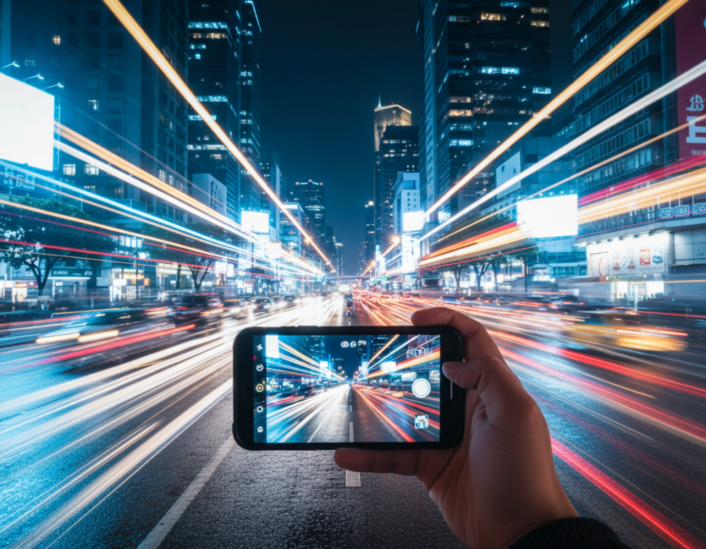 A bustling city street at night, illuminated by vibrant vehicle light trails creating smooth, continuous streaks. In the foreground, a smartphone is held at eye level, showcasing its camera's perspective. The middle area features busy traffic with various vehicles, such as cars and motorcycles, weaving through the urban landscape, their headlights and taillights blurring into brilliant lines of light. In the background, towering skyscrapers shine brightly against the night sky, with colorful neon signs adding to the lively atmosphere. The scene exudes a dynamic, energetic vibe, capturing the essence of urban life. Use a long exposure effect to emphasize the motion of the light trails, while the smartphone captures this mesmerizing scene clearly and vividly.