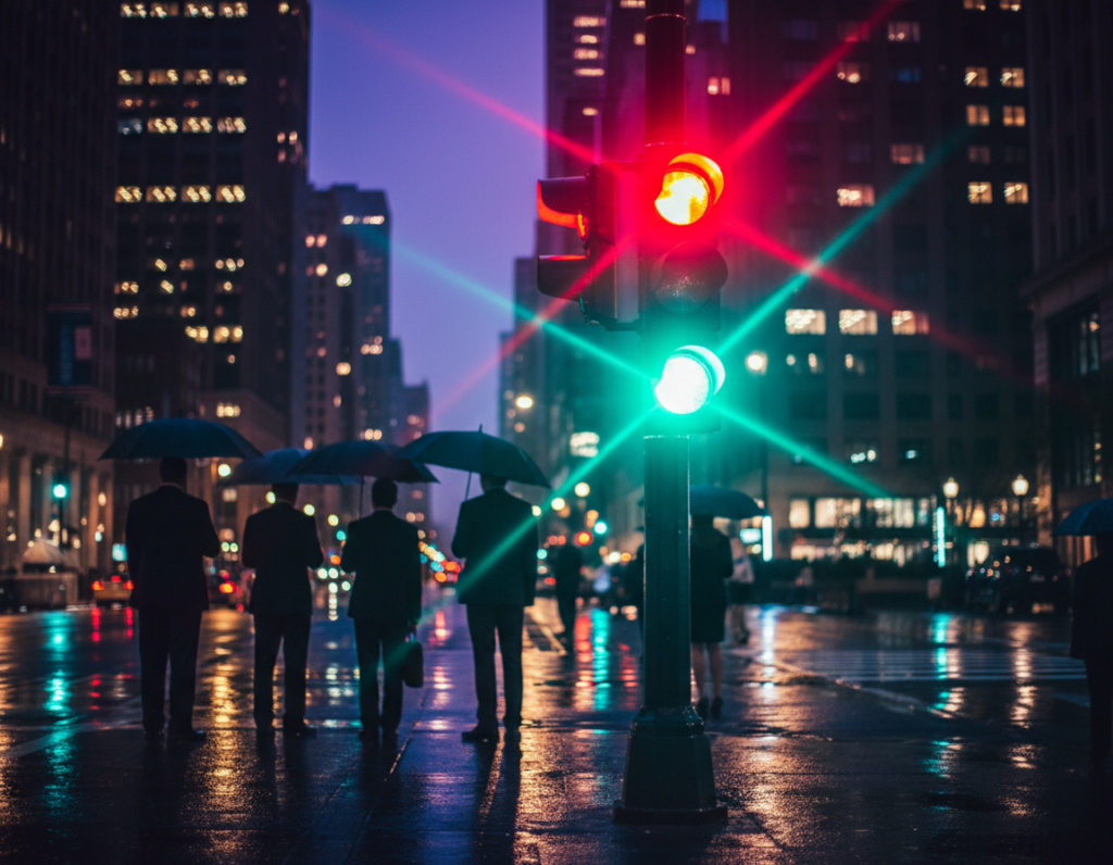 A close-up photograph of an urban street scene at night, highlighting glowing traffic lights. In the foreground, focus on a traffic signal with vibrant red and green lights casting a soft glow on nearby wet pavement. The middle ground features blurred silhouettes of pedestrians in professional business attire, surveying the scene; their reflections subtly distorted in the rain-soaked asphalt. In the background, a bustling city skyline is illuminated with softly glowing buildings under a darkening sky, enhancing the urban atmosphere. The lighting is dramatic, with soft bokeh effects from street lamps creating a warm, inviting mood. The image captures the essence of advanced mobile editing techniques through the selective enhancement of the glowing traffic lights, demonstrating urban life’s vibrant pulse.