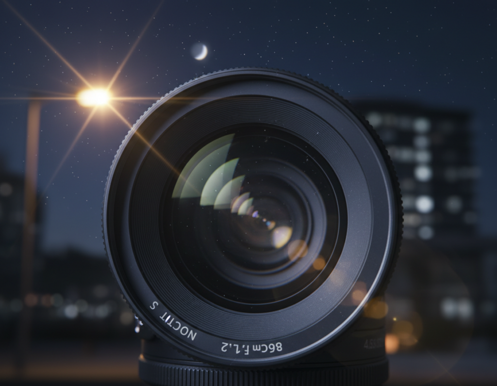A close-up view of a high-quality camera lens showcasing the intricate details of its glass elements, with the foreground sharply focused and a blurred depth of field behind. The lens should reflect ambient nighttime lighting, creating a soft, moody atmosphere. Subtle light flares from a distant streetlamp should illuminate the lens, enhancing the glass surface's clarity and complexity. In the background, softly blurred silhouettes of city buildings under a starry night sky can be seen, indicating the challenges of nighttime photography. The composition should emphasize the trade-offs between sensor size effects, with careful attention to lens distortion and light scattering, creating a sense of depth and intrigue. A close-up view of a high-quality camera lens showcasing the intricate details of its glass elements, with the foreground sharply focused and a blurred depth of field behind. The lens should reflect ambient nighttime lighting, creating a soft, moody atmosphere. Subtle light flares from a distant streetlamp should illuminate the lens, enhancing the glass surface's clarity and complexity. In the background, softly blurred silhouettes of city buildings under a starry night sky can be seen, indicating the challenges of nighttime photography. The composition should emphasize the trade-offs between sensor size effects, with careful attention to lens distortion and light scattering, creating a sense of depth and intrigue.