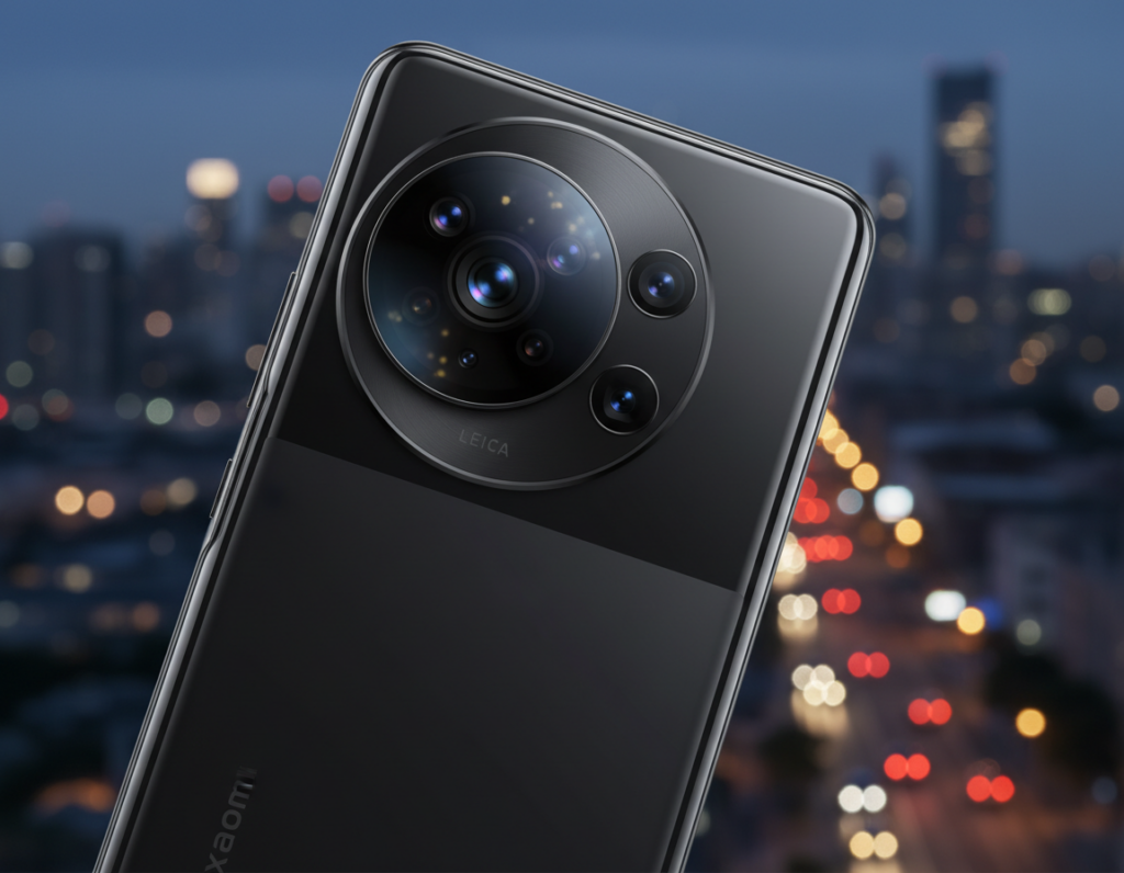 A high-tech close-up of the Xiaomi 15 Ultra smartphone, showcasing its sleek design, with a prominent focus on the larger camera sensor and Leica-tuned optics. The foreground highlights the advanced camera module and lenses gleaming under soft, diffused lighting, emphasizing its intricate details and high-quality materials. In the middle ground, the phone’s minimalist aesthetic is paired with a blurred effect, showcasing the glossy finish and modern contours. The background features a dimly lit urban environment, subtly blurred to enhance the low-light performance theme, with hints of vibrant colors from city lights. The overall mood is sophisticated and contemporary, capturing the essence of innovation in mobile photography.