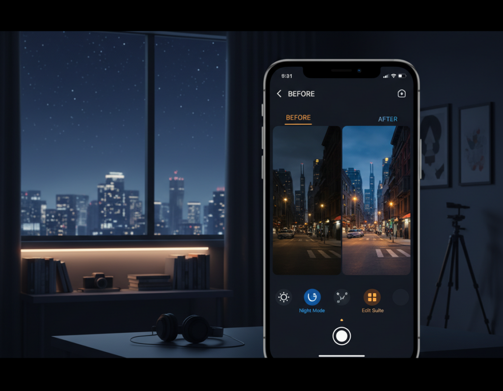 A serene night scene featuring a smartphone displayed prominently in the foreground, showcasing vibrant and corrected night photos. The screen should feature a before-and-after comparison of dark environment photos, highlighting enhanced colors and detail. In the middle ground, a stylized dark room with soft ambient lighting and a few scattered photography accessories like a tripod and editing books enhances the creative atmosphere. The background should reveal a softly illuminated city skyline, with stars twinkling in a deep blue sky, creating a tranquil yet inspiring mood. The image should be shot from a slightly elevated angle to capture the smartphone's screen clearly, emphasizing the idea of modern mobile photography tools for night photo editing. Focus on a calm color palette with contrasting bright app icons.