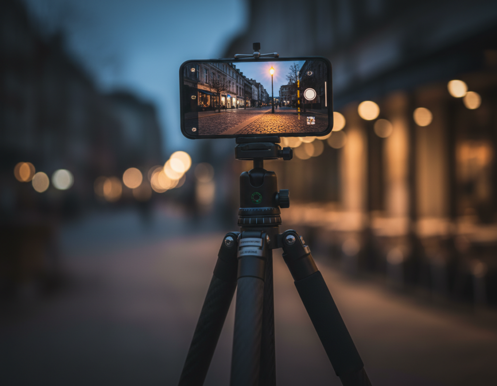A sleek, modern smartphone securely mounted on a high-quality, adjustable tripod in a dimly lit environment. The foreground showcases the tripod with its sturdy legs and smooth pan-and-tilt head, highlighting the precision in stabilization. In the middle, the smartphone's screen displays a low-light scene, demonstrating how the device captures sharp images without blurriness. The background features soft, ambient lighting that enhances the atmosphere while illustrating the challenge of low-light photography. The overall mood conveys professionalism and focus, with shadows adding depth to the scene. The angle is slightly tilted upwards to emphasize the smartphone's capabilities, showcasing a blend of technology and artistry in stabilizing mobile photography.