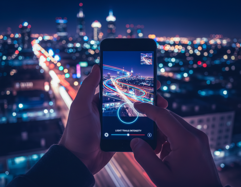 A smartphone screen displaying an editing app with vibrant light trails being enhanced, showcasing the transformation of a night cityscape. In the foreground, the smartphone is held in a person's hands, with fingers deftly maneuvering the editing interface, which highlights colorful moving light trails of cars and neon signs. The middle ground features a blurred night city skyline, illuminated by ambient street lights and illuminated buildings, creating a lively urban atmosphere. The background is a dark sky filled with soft bokeh effects from city lights, enhancing the depth of field. The scene is illuminated with subtle blue and purple hues, evoking a professional yet creative mood, focusing on the art of mobile-first photo editing. A smartphone screen displaying an editing app with vibrant light trails being enhanced, showcasing the transformation of a night cityscape. In the foreground, the smartphone is held in a person's hands, with fingers deftly maneuvering the editing interface, which highlights colorful moving light trails of cars and neon signs. The middle ground features a blurred night city skyline, illuminated by ambient street lights and illuminated buildings, creating a lively urban atmosphere. The background is a dark sky filled with soft bokeh effects from city lights, enhancing the depth of field. The scene is illuminated with subtle blue and purple hues, evoking a professional yet creative mood, focusing on the art of mobile-first photo editing.