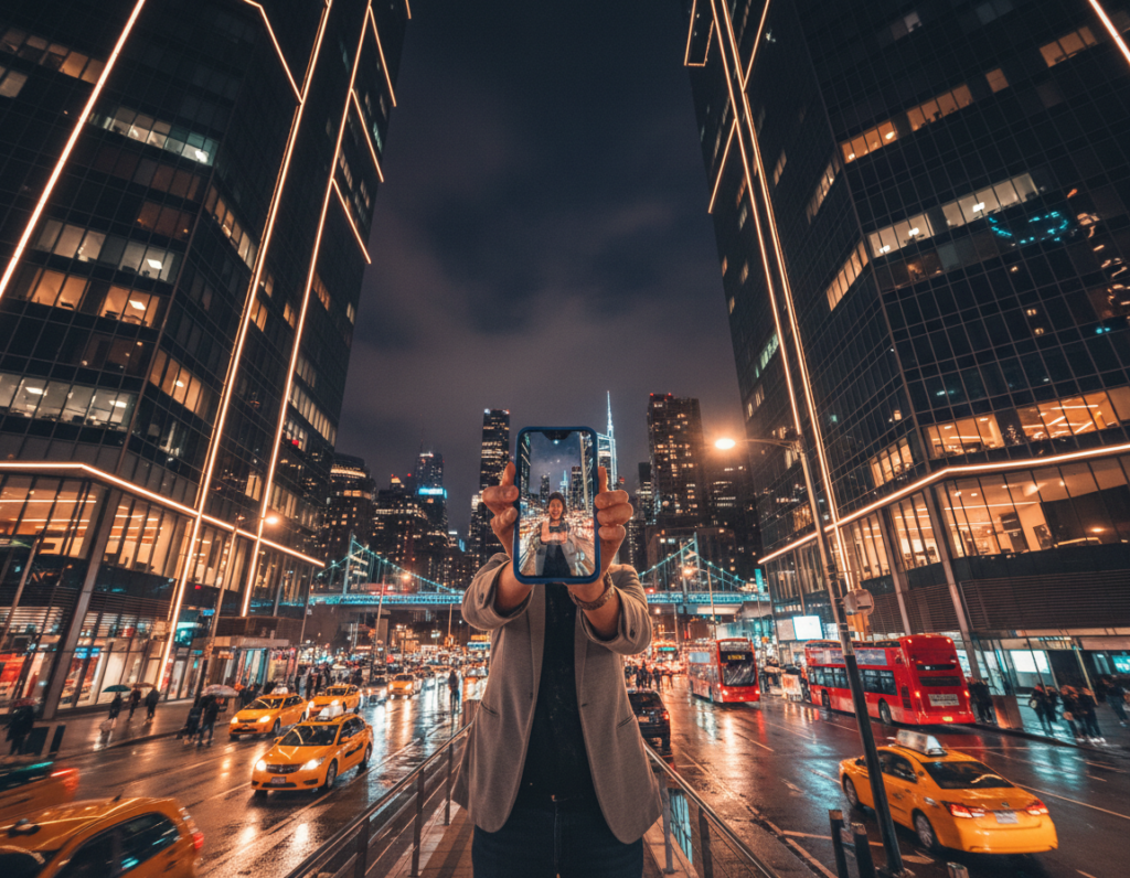 A stunning nighttime cityscape showcasing the elegant play of architectural lighting against a backdrop of deep indigo skies. In the foreground, a smartphone is held by a person in smart casual attire, capturing the colorful reflections from illuminated buildings. The middle ground features a bustling street lined with modern skyscrapers, their glass facades shimmering in the warm glow of streetlights. In the background, a distant skyline is visible, adorned with twinkling lights that hint at a lively urban atmosphere. The scene is illuminated with soft, natural colors, creating a serene yet vibrant mood. Capture this from a low angle to emphasize the height and grandeur of the buildings, using a warm color palette to enhance the inviting ambiance.