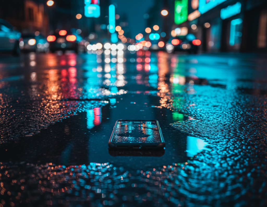 A vibrant urban night scene featuring colorful neon reflections in puddles on a wet street. In the foreground, dark, reflective puddles capture bright blues, pinks, and greens from nearby neon signs, enhancing their luminance. The middle ground showcases a sleek smartphone lying on the wet pavement, displaying a mesmerizing image of the surrounding neon lights, with precise focus on details that highlight the reflections. The background reveals a bustling cityscape with blurred lights and silhouettes of buildings, creating a dynamic atmosphere. Use a low-angle perspective to emphasize the reflections and create depth, with soft bokeh in the background. The overall mood is lively and introspective, reinforcing the beauty of night photography through careful exposure, ensuring neon colors pop while maintaining clarity in the water's surface.