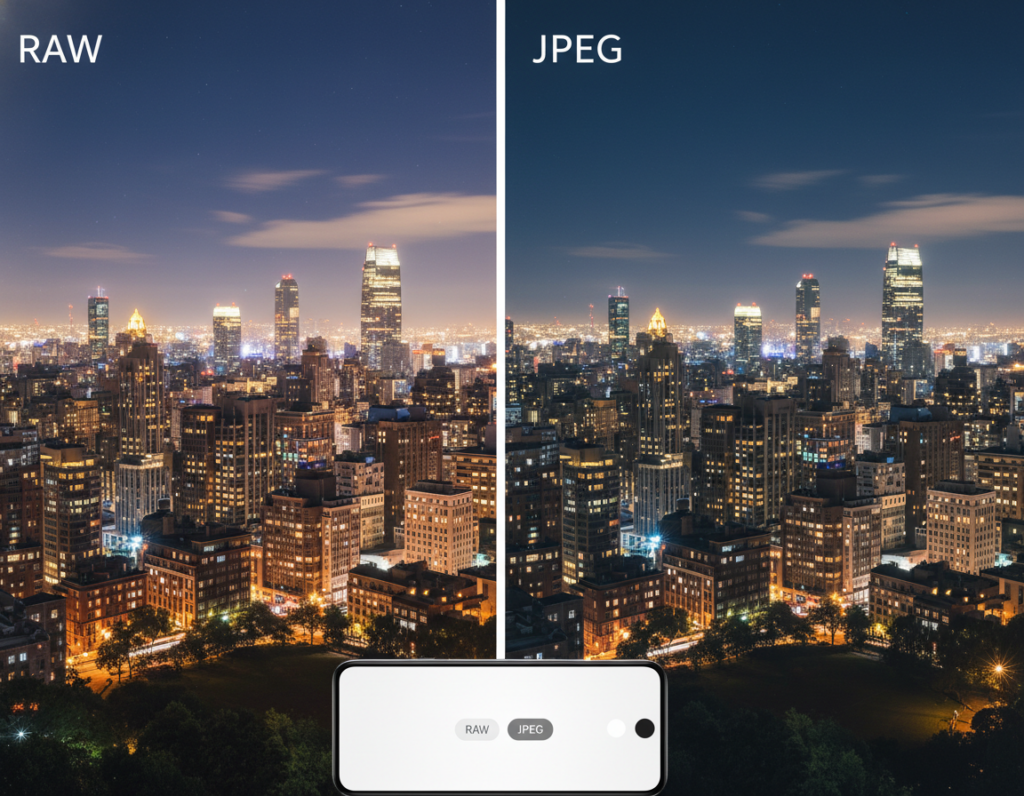 A visually striking comparison showcasing a split-screen image of RAW and JPEG smartphone photographs. On the left, the RAW image exhibits vibrant colors and extensive detail, highlighting intricate textures and gradations, representing a night scene with a city skyline, illuminated buildings, and a starry sky. The right side displays the JPEG version, slightly less vibrant and more compressed, capturing the same scene but with visible noise and reduced clarity. The foreground features a smartphone prominently showing camera settings, emphasizing the choice between RAW and JPEG. The lighting is warm, emanating from the city lights, creating a soft atmospheric glow. The mood is professional yet inviting, ideal for visualizing editing choices for nighttime smartphone photography. A visually striking comparison showcasing a split-screen image of RAW and JPEG smartphone photographs. On the left, the RAW image exhibits vibrant colors and extensive detail, highlighting intricate textures and gradations, representing a night scene with a city skyline, illuminated buildings, and a starry sky. The right side displays the JPEG version, slightly less vibrant and more compressed, capturing the same scene but with visible noise and reduced clarity. The foreground features a smartphone prominently showing camera settings, emphasizing the choice between RAW and JPEG. The lighting is warm, emanating from the city lights, creating a soft atmospheric glow. The mood is professional yet inviting, ideal for visualizing editing choices for nighttime smartphone photography.