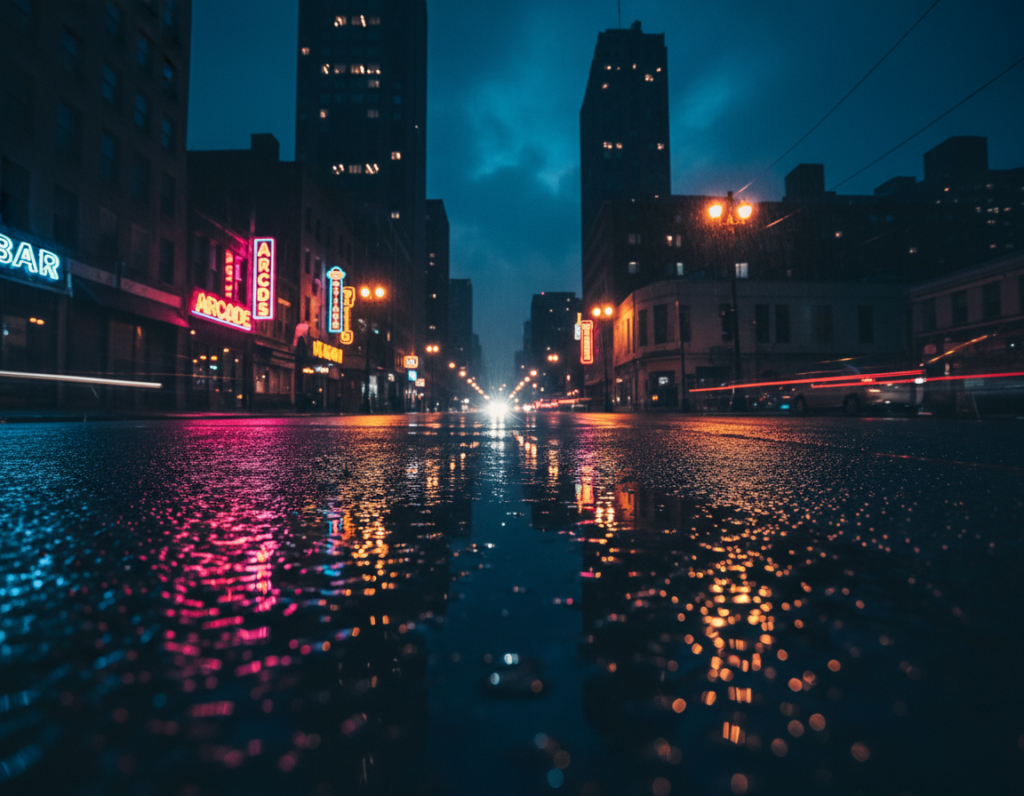 Capturing colorful neon reflections in puddles during rainy urban nights