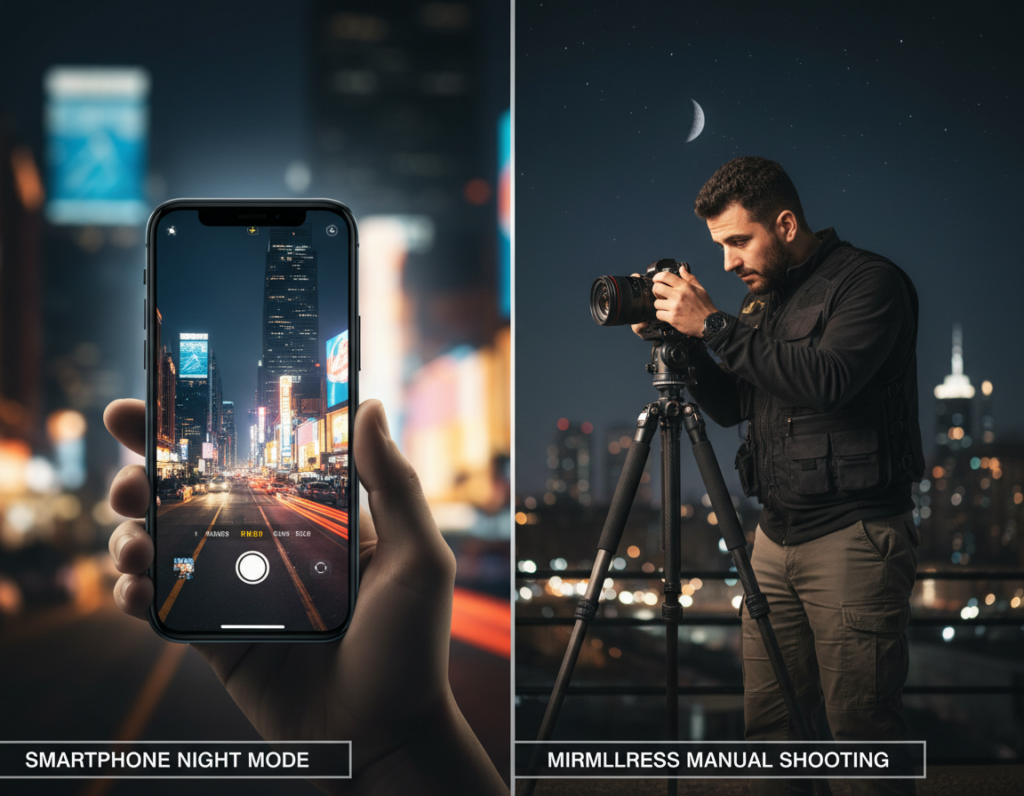 Night Mode in Smartphones Compared with Manual Night Shooting on Mirrorless and DSLR Cameras