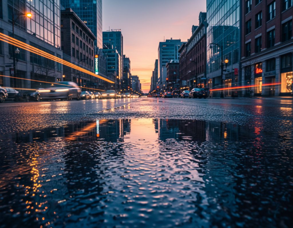 A city street after rain, featuring a reflective wet pavement showcasing vibrant city lights. In the foreground, glistening puddles mirror the surroundings, accentuating the colorful reflections of neon signs and headlights. In the middle, a well-composed scene with sharp-edged buildings lining the street, some with glass facades that enhance the light reflections. The background displays a softly lit horizon, hinting at dusk. The lighting is dramatic, with a warm glow contrasting the cool tones of the wet asphalt. The angle should be low, as if taken from a smartphone, inviting viewers into the scene. The mood is serene yet vibrant, evoking a sense of calmness after the rain. Emphasize clarity and detail in textures, particularly the wet pavement.