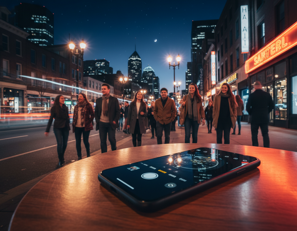 A dynamic night scene capturing a bustling urban street illuminated by soft, warm streetlights and neon signs. In the foreground, a sleek smartphone on a wooden table showcases its camera interface, with a slightly blurred focus on the device, emphasizing its night photography features. The middle ground features people casually walking and engaging in conversation, dressed in smart-casual attire, creating a lively atmosphere. In the background, the skyline is visible against a deep navy blue sky adorned with twinkling stars. The image conveys a sense of vibrancy and sophistication, highlighting the contrast between the illuminated urban environment and the darker shadows, ideal for illustrating the challenges of night photography with various smartphone models. A dynamic night scene capturing a bustling urban street illuminated by soft, warm streetlights and neon signs. In the foreground, a sleek smartphone on a wooden table showcases its camera interface, with a slightly blurred focus on the device, emphasizing its night photography features. The middle ground features people casually walking and engaging in conversation, dressed in smart-casual attire, creating a lively atmosphere. In the background, the skyline is visible against a deep navy blue sky adorned with twinkling stars. The image conveys a sense of vibrancy and sophistication, highlighting the contrast between the illuminated urban environment and the darker shadows, ideal for illustrating the challenges of night photography with various smartphone models.