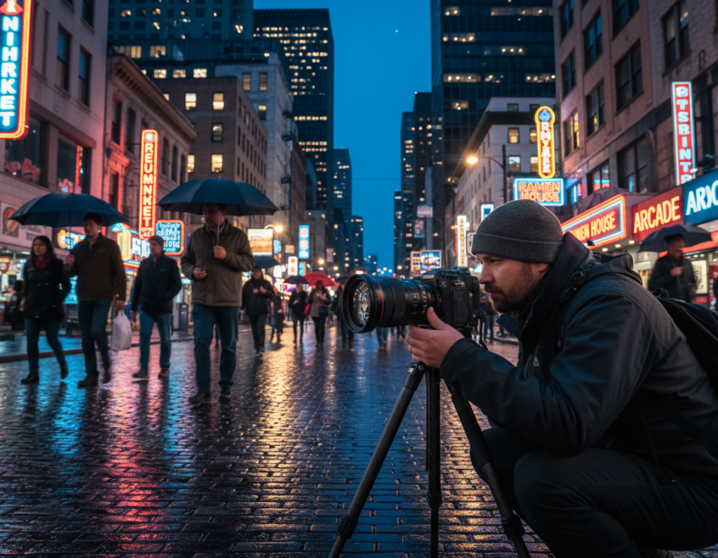 A striking urban night scene, showcasing a bustling city street illuminated by colorful neon signs and soft streetlights. In the foreground, a professional photographer adjusts their camera settings on a tripod, highlighting the use of a fast lens with a wide aperture. The middle layer features reflections on wet pavement, capturing the vibrant atmosphere of nightlife, with blurred motion of pedestrians in modest casual clothing. In the background, skyscrapers with glowing windows rise against a deep blue sky, punctuated by stars peeking through. The image conveys a sense of artistic exploration and technical mastery, emphasizing the importance of pro settings in urban low light photography. The overall mood is dynamic yet serene, encapsulating the challenge of capturing detail in dark scenes.