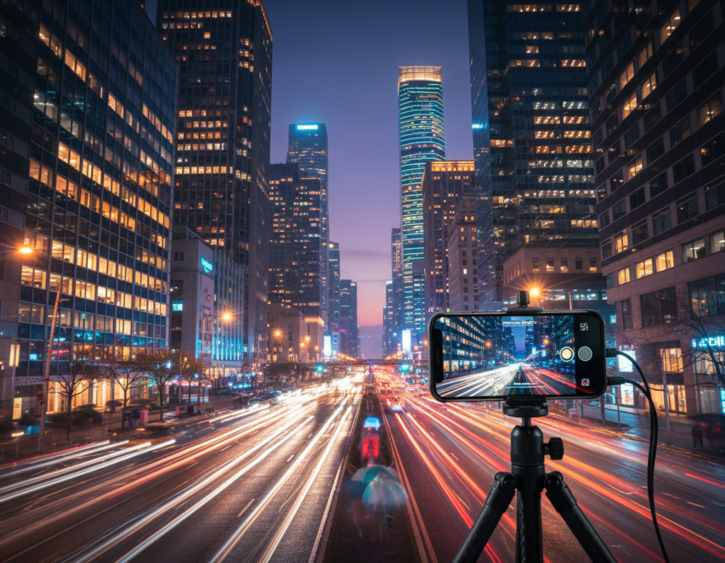 A vibrant urban night scene showcasing illuminated skyscrapers after sunset, perfectly captured in "night mode." In the foreground, a sleek mobile camera with a long exposure setup rests on a tripod, highlighting its professional features. The middle ground features a city street bustling with life, reflecting warm golden and cool blue tones from the buildings. The background reveals a stunning skyline with towering skyscrapers, their windows glowing brightly against the deepening indigo sky. The camera's perspective creates a dynamic angle, showcasing the details of the architecture and the shimmering lights. The atmosphere is energetic yet serene, encapsulating the magic of city life at night, ideal for demonstrating the power of night mode photography.