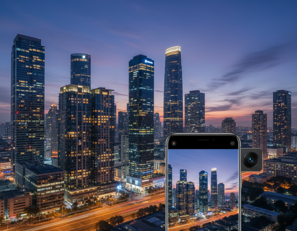 Photographing illuminated skyscrapers after sunset using a mobile camera
