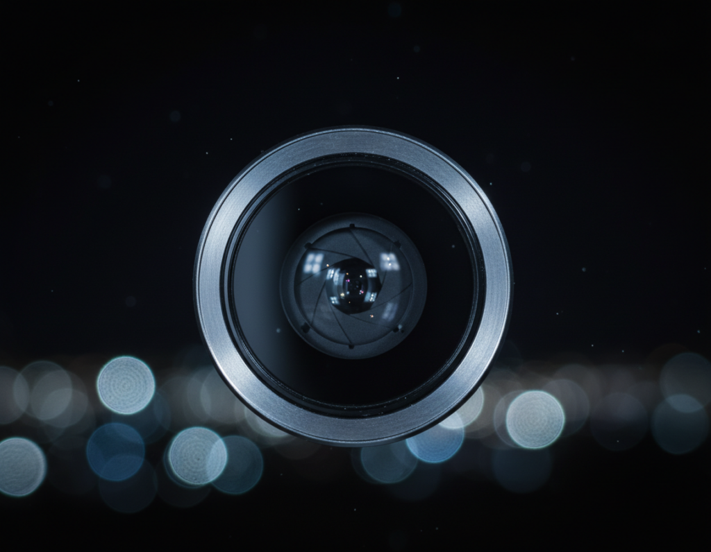 A close-up view of a smartphone camera lens set against a softly blurred night scene. The lens should be sharply focused, showcasing intricate details like the glass elements, aperture blades, and surrounding metal housing, reflecting tiny points of light from the dimly lit environment. In the middle ground, include subtle hints of city lights or distant stars twinkling softly, creating a bokeh effect that emphasizes the lens's importance in capturing nighttime photos. The background should fade into darkness, enhancing the mood of evening photography. Use cool tones of blue and silver to evoke a sense of tranquility, with gentle, diffused lighting highlighting the lens's features without glare.